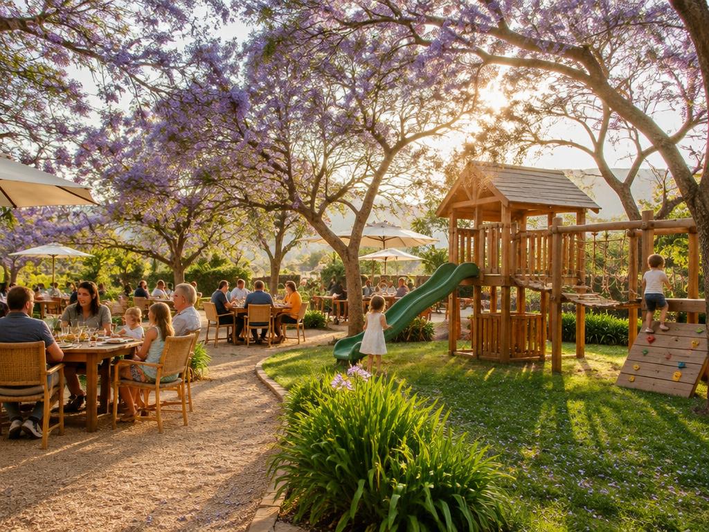Families dining beside the secure playground